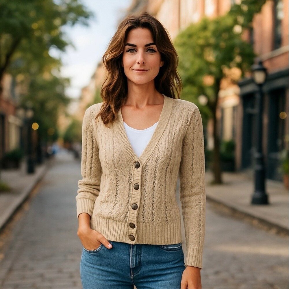 Nautica Beige Cable Knit Cardigan Cotton Blend Womens S Light Academia Preppy